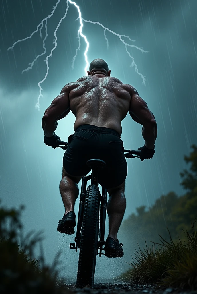 Generates a very strong, endomorphic, bald, robust man on a MTB in a storm with his back turned without a shirt