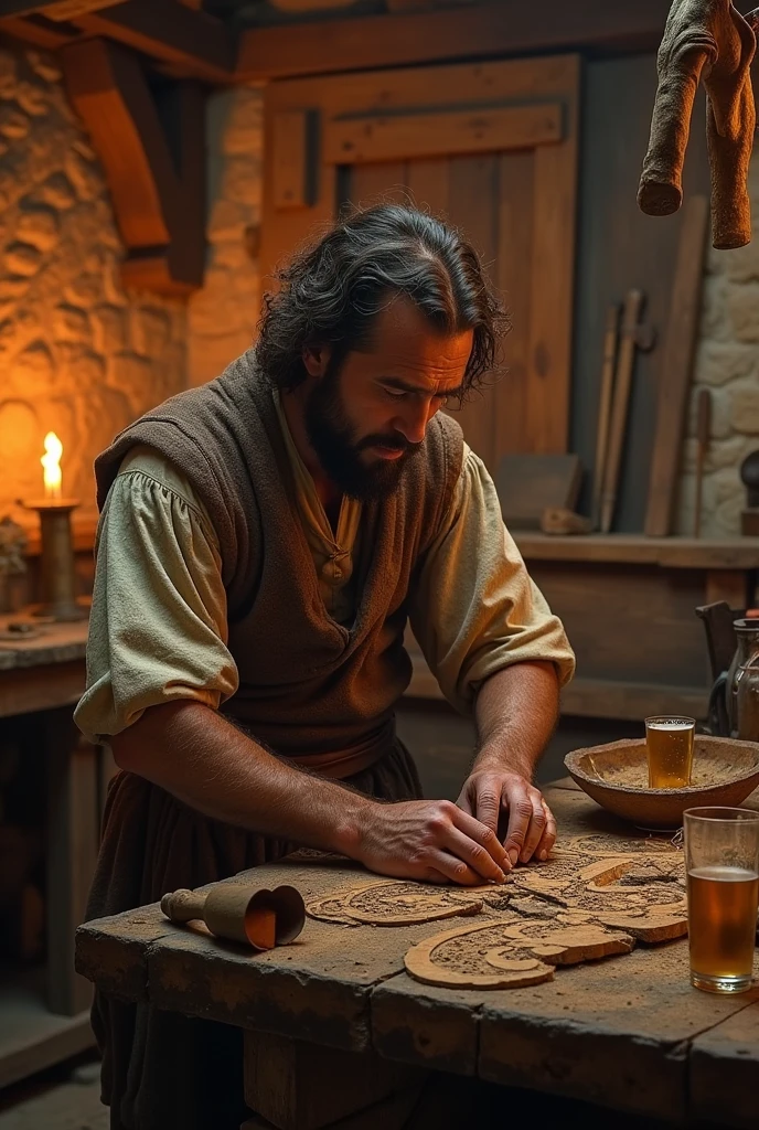 (photorealism:1.2), Medieval drunk man carpenter inside a Castile working with wooden
