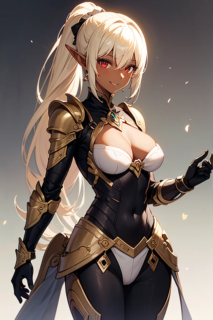 Beautiful images,Detailed Images,Official image,(Background of the base),One Woman,Blonde,Red Eyes,Ponytail Hair,Model body type,(Dark Skin:1.3),Elf Ears,Large Breasts,(Bioarmor:1.3),Smile small,