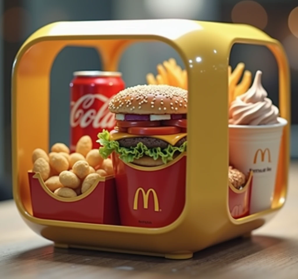 Créer moi une marque de nourriture qui s'appelle : Smart-food, ils servent leurs clients de la nourriture dans des conteneurs rectangulaire ou carré, transparent en plastique, avec des bords arrondis et une poignée au dessus, a l'intérieur de cette boite, se trouve de plus petites boites individuelles, chacune de ces petites boites contiennent : 1 Burger, des frites, des nuggets, 1 Coca-Cola et un McFlurry, chaqun de ces aliments doivent au moins etre present sur l'image, et doit etre visible,
