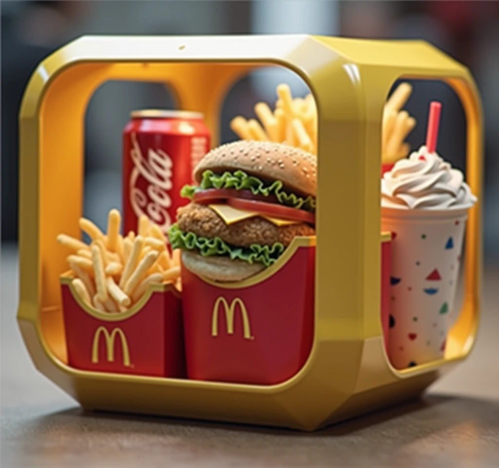 Créer moi une marque de nourriture qui s'appelle : Smart-food, ils servent leurs clients de la nourriture dans des conteneurs rectangulaire ou carré, transparent en plastique, avec des bords arrondis et une poignée au dessus, a l'intérieur de cette boite, se trouve de plus petites boites individuelles, chacune de ces petites boites contiennent : 1 Burger, des frites, des nuggets, 1 Coca-Cola et un McFlurry, chaqun de ces aliments doivent au moins etre present sur l'image, et doit etre visible,