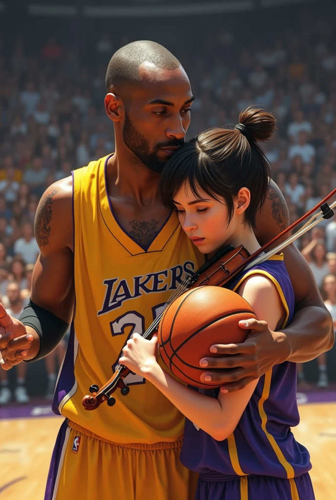 Create an image where this Kobe Bryant is playing with a 15 year old girl, short hair and brown eyes, white skin that measures 1.57cm, also that it has to do with music, the violin , art and mathematics