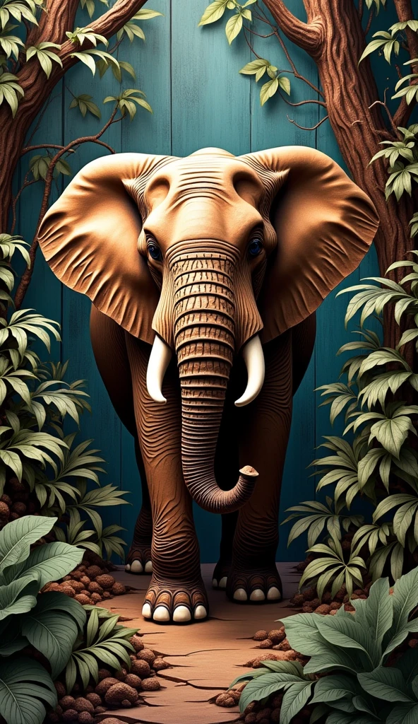A full background image of a majestic elephant walking through dense jungle foliage in a wood carving style. The elephant silhouette is carved from rich mahogany wood, showing the roughness of the elephant&#39;s skin. The image must use black and white wood material, from deep walnut to lighter teak, adding contrast to the image. The wood block style should have a rustic charm and the surrounding jungle should be full of leaves., trees and vines.