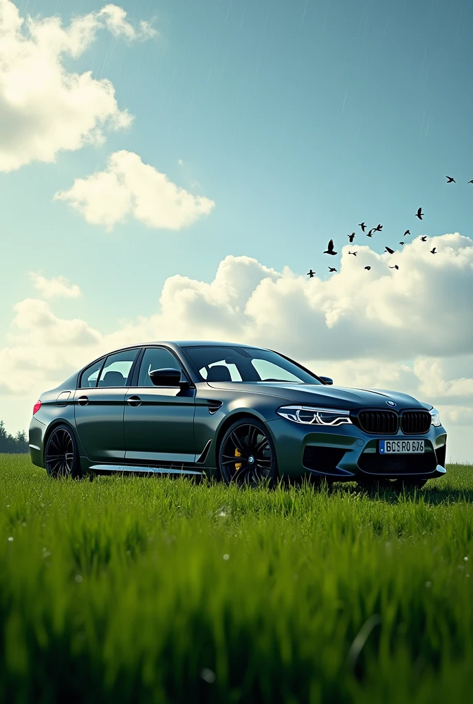 create a realistic image of bmw m5 competition on the green grass with side lamp and beautifull cloudy weather and birds