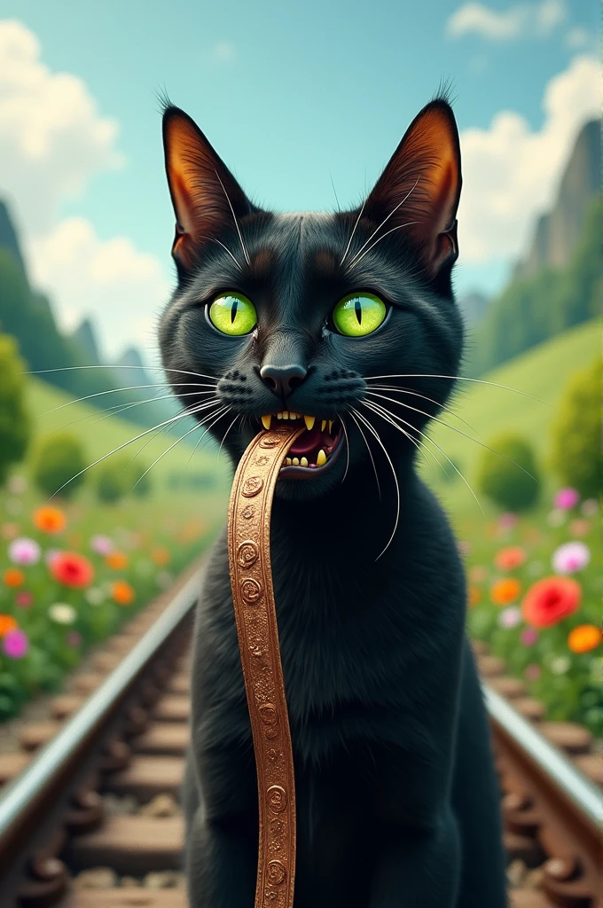 A black cat is swalllowing a railway