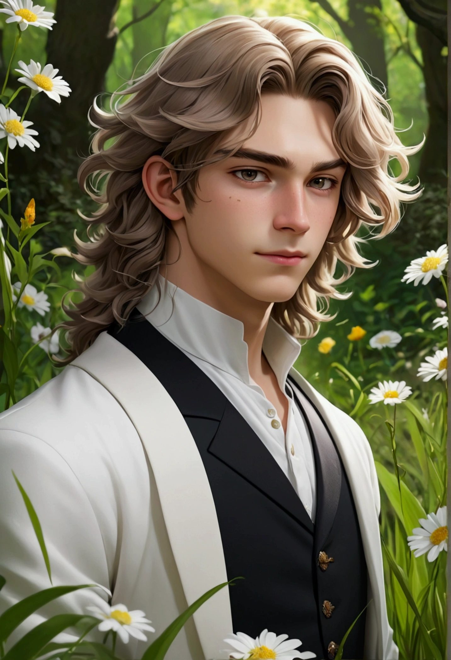 a forest, In the grass is an 18-year-old boy with brown, wavy hair, has slightly pointed ears, wear white clothes, There are flowers around, In front of him is a gentleman with long platinum hair, He has a scar on his eye and wears black clothes.