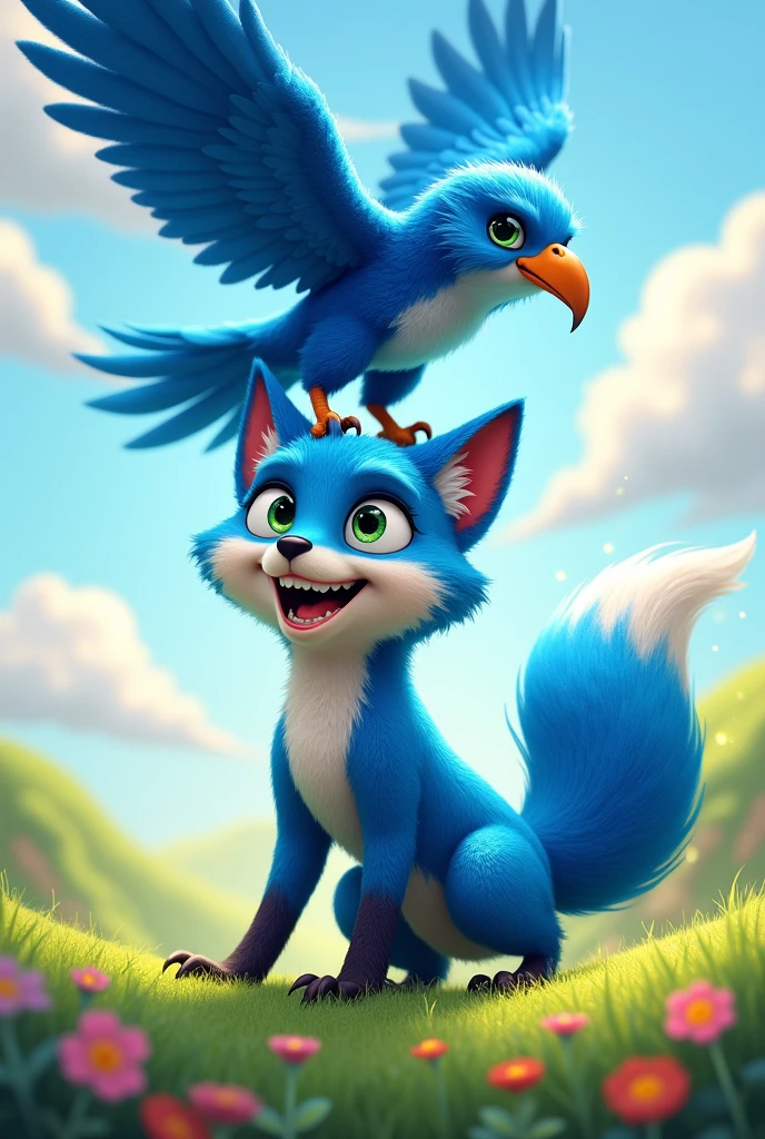 COMPANY IMAGE OF AN ANIMATED BLUE FOX AND HAWK