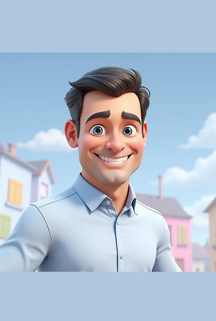 Cartoon character of a man blue shirt, 45 years old adult, an animated character, stylized character, animation style rendering, 3d stylized, The posture is erect and full of confidence, with the chest slightly puffed out