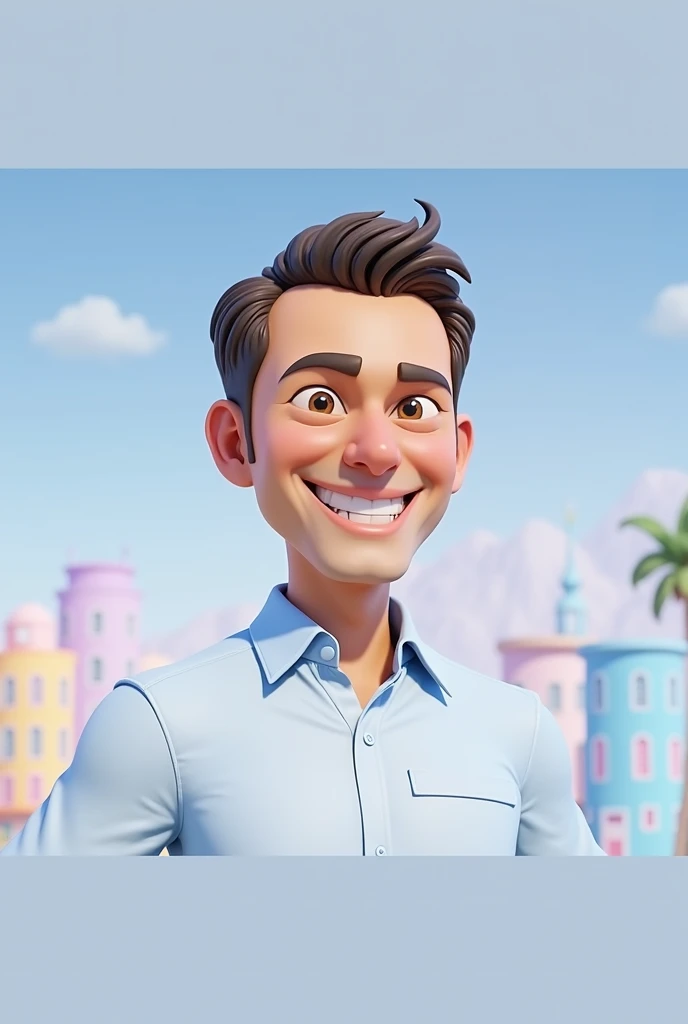 Cartoon character of a man blue shirt, 45 years old adult, an animated character, stylized character, animation style rendering, 3d stylized, The posture is erect and full of confidence, with the chest slightly puffed out