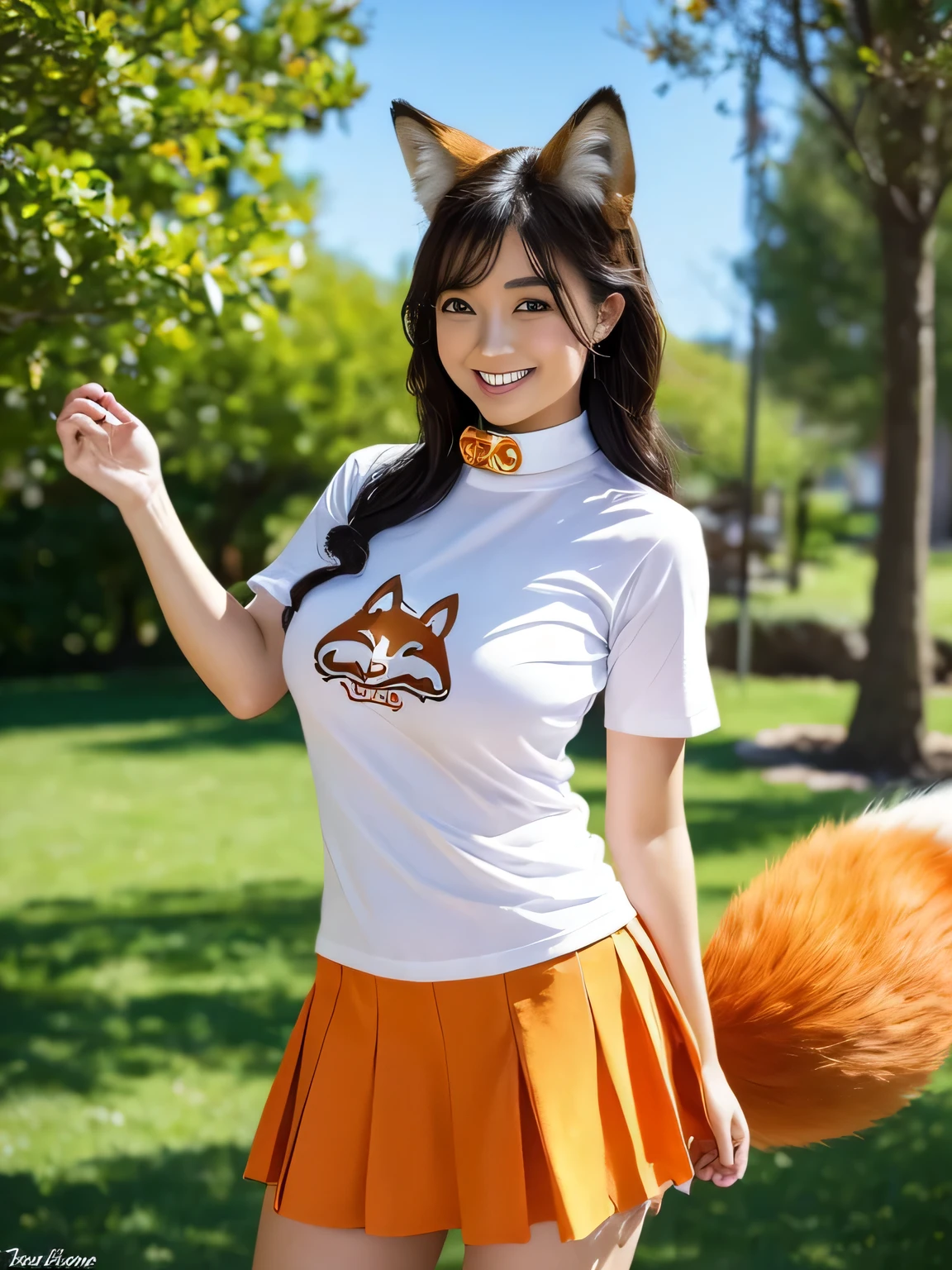 ((Highest quality, 8k)), ((masterpiece)), (Highest Resolution), Perfect Face, Fox Woman, Female college student, Beautiful woman, Outdoor, Only one tail, she has thick thighs, Her large tail, She has an orange fox tail, She wags her tail, Smiling with teeth showing, Fur collar, She's wearing a shirt and a short skirt., Plump Breasts, Beautiful Hips , A fox tail sticks out from the skirt.