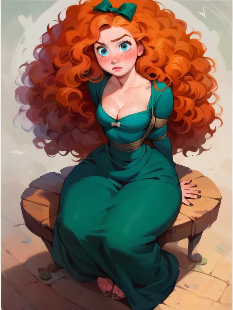 score_9, score_8_up, score_7_up, score_6_up, 1girl skirt lifts, archer, blush, freckles, green dress, long sleeves, long skirt ,cleavage, wavy hair, big hair, curvy, medium breasts, narrow waist, wide hips, thick thighs, looking at viewer, sexy, disney, (bow:1.2), realistic, realism, pixar,5 toes, black toes nails, tied ankles together, tied arms, Focus full body, Sit on a chair,
MeridaXLP  