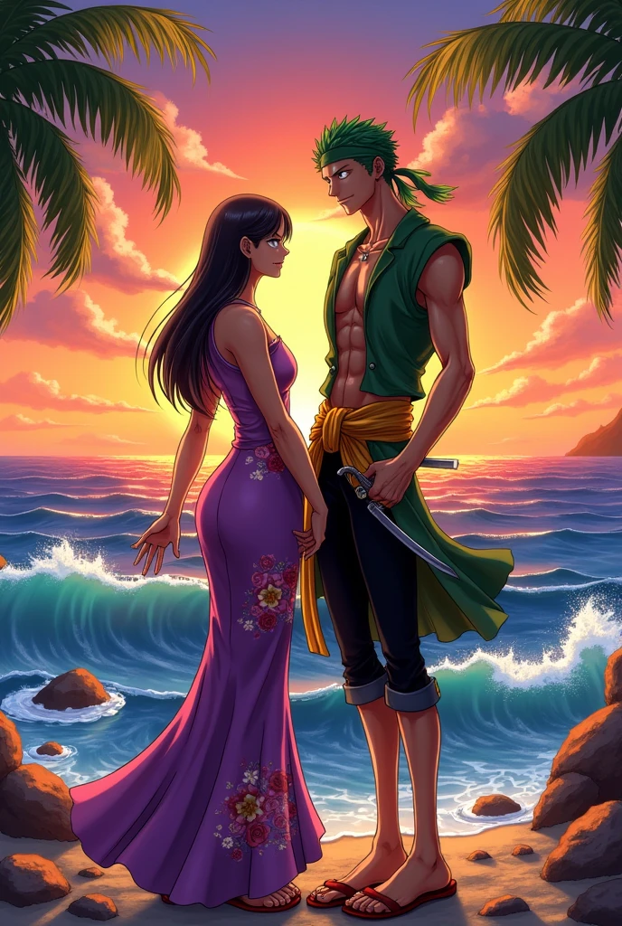 Zoro and robin couple pic from one piece anime. Make it like real add details add clothes. Make Robin like one piece robin. No that's not it