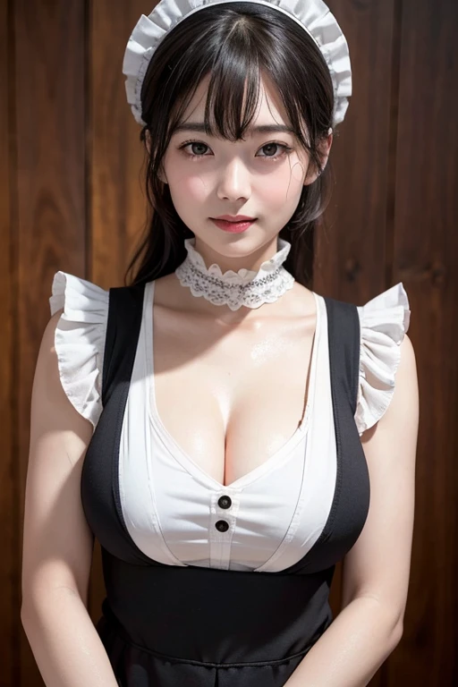 bangs,(Large Breasts:1.2),(Highest quality,masterpiece:1.2),one person,one person,alone,Fair skin,8k,Ultra-high resolution,Super detailed,Highest quality,Look at the viewers、Perfect lighting,flat light,super high quality,Ultra-high resolution,masterpiece,Realistic,Detailed face,Perfect Anatomy,Slender body、Young face、smile、Sweating、Flushed Cheeks、((Please show me your whole body))、((Please wear black maid clothes))、Please clean up、Beautiful feet、、round face、light makeup、((Sweaty))、Small waist,(((maid, maid apron, Maid&#39;s Headdress))),((((Please clean the area.))))