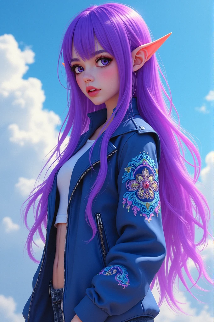 The vtuber character, aurora bright purple hair, Aurora blue sky, age body, little dada, long hair to the knees, full body, wearing a futuristic jacket with Indonesian batik motif, have alien ears, and straight position, like vtuber