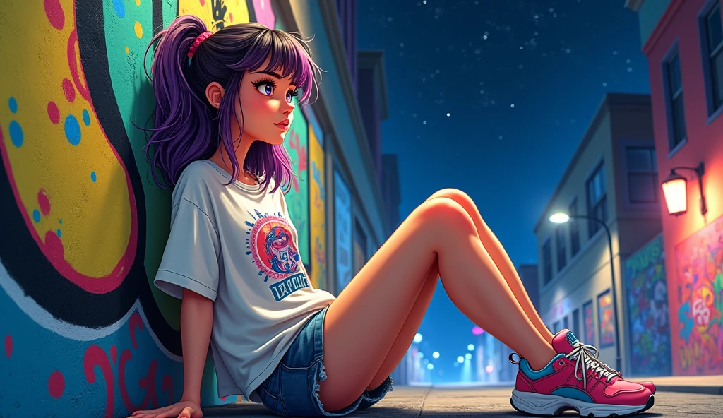 The animated girl wears an oversized T-shirt and sneakers at night and leans against a graffiti-filled wall with her lower body uncovered.