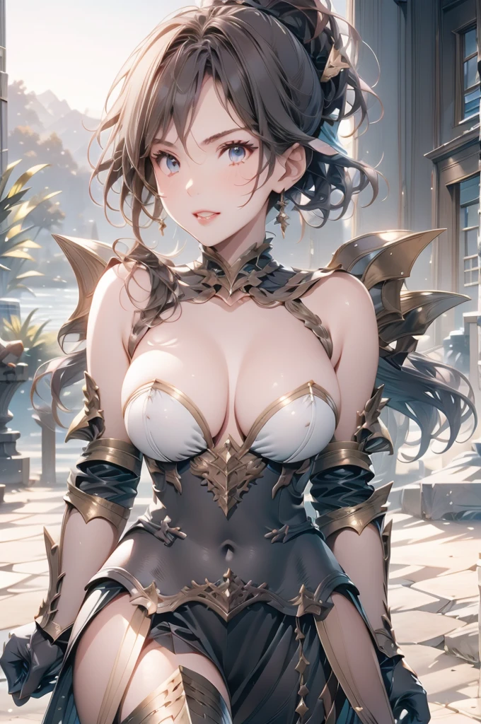 A beautiful girl in armor standing on a path near a lake, hxarmour, 1 girl, armour, (black armour:1.3), mountain, walking, big rounds breasts, intimidating look, glossy lips, dark brown hair, long bangs, long hair, ponytail, wavy hair, expressive hair, shiny hair, hairclip, glowing eyes, pupils sparkling, earrings, fangs, serious, red lips, aqua eyes, high detail, anime, Carl Larsson, anime style, depth of field, cinematic lighting, dithering, image fill, wide shot, perspective, panorama, Wide-Angle, f/1.8, 85mm, Nikon, UHD, retina, masterpiece, accurate, anatomically correct, textured skin, high details, best quality, highres, 16k