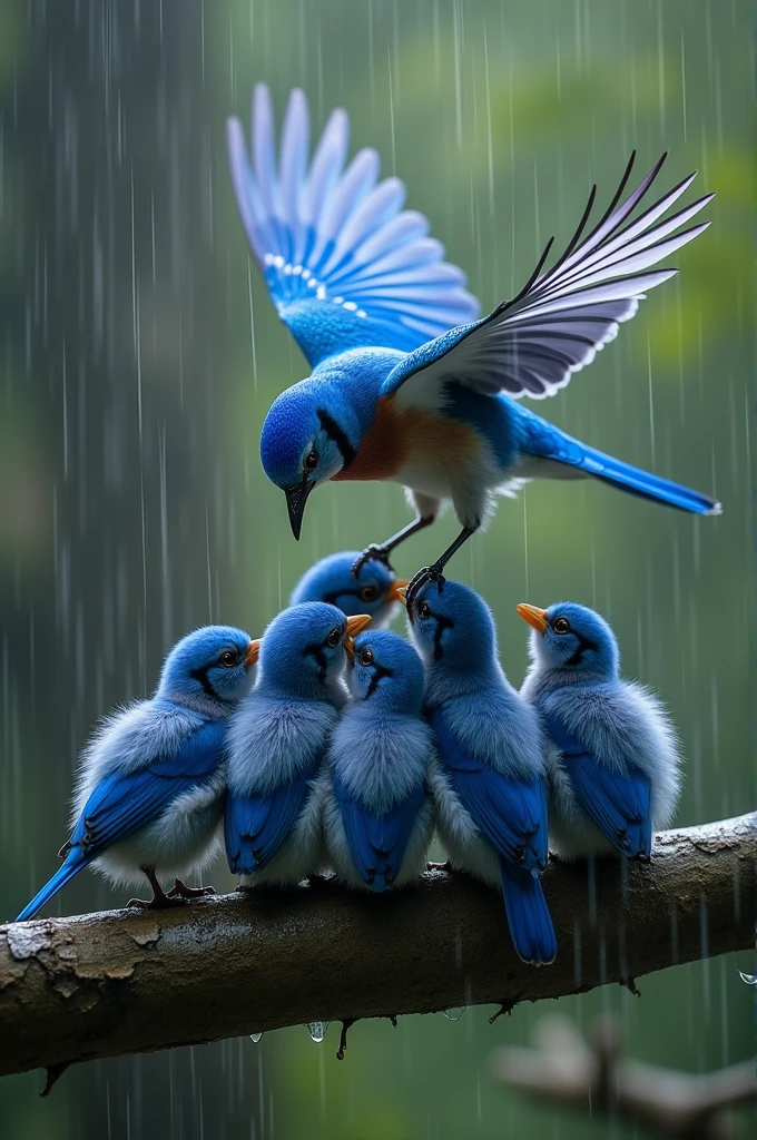 A beautiful blue bird with her five chicks is sitting on a branch while it is raining and is flying over the mother to save the chicks.
generate catchy imago