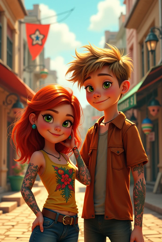 Pixar-type poster of a chubby red-haired girl with tattoos on one arm and hand and a tall boy with light brown hair and green eyes with a dragon tattoo on his neck