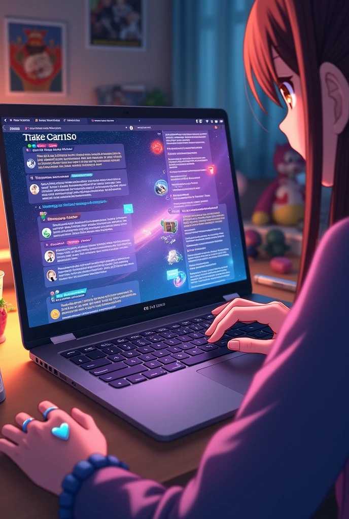 A laptop showing close-up comments from a social network on the screen with the hands of an anime ??????? the keyboard without her face being seen. Same image but with brown hair and brown eyes.