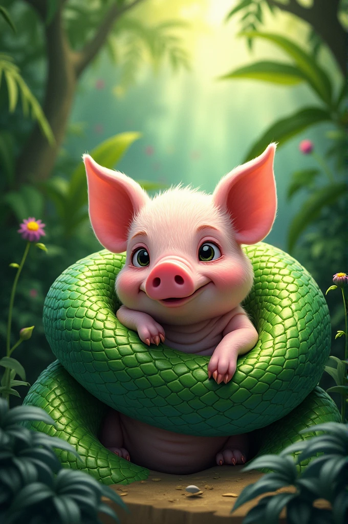A snake hugging a pig
