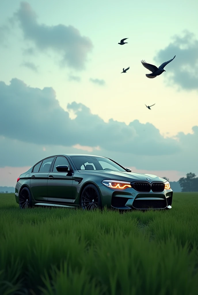 create a cyber realistic image of bmw m5 competition on the green grass with side lamp and beautifull cloudy weather and birds