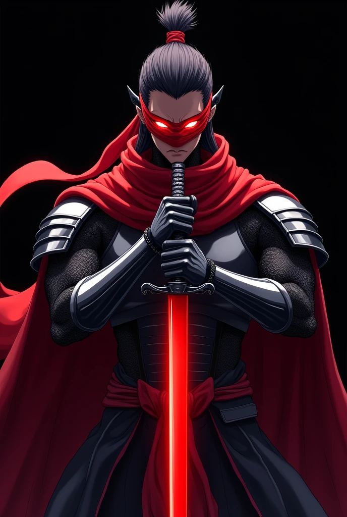 Image of a samurai with a red band covering his eyes on a black background. It is a samurai who has a sword near his neck. A large sword can only be seen from his torso up in an anime style with a futuristic mecha. His sword is red and the red bandage covers his eyes. They cover his eyes from forehead to nose. , His armor is futuristic, Video game animation style with both hands he holds his sword and with his red scarf covering his eyes from forehead to nose you can't see his eyes anime and video game style a samurai with a band covering his eyes and wielding his red sword with both hands the band on his eyes waving as he sees