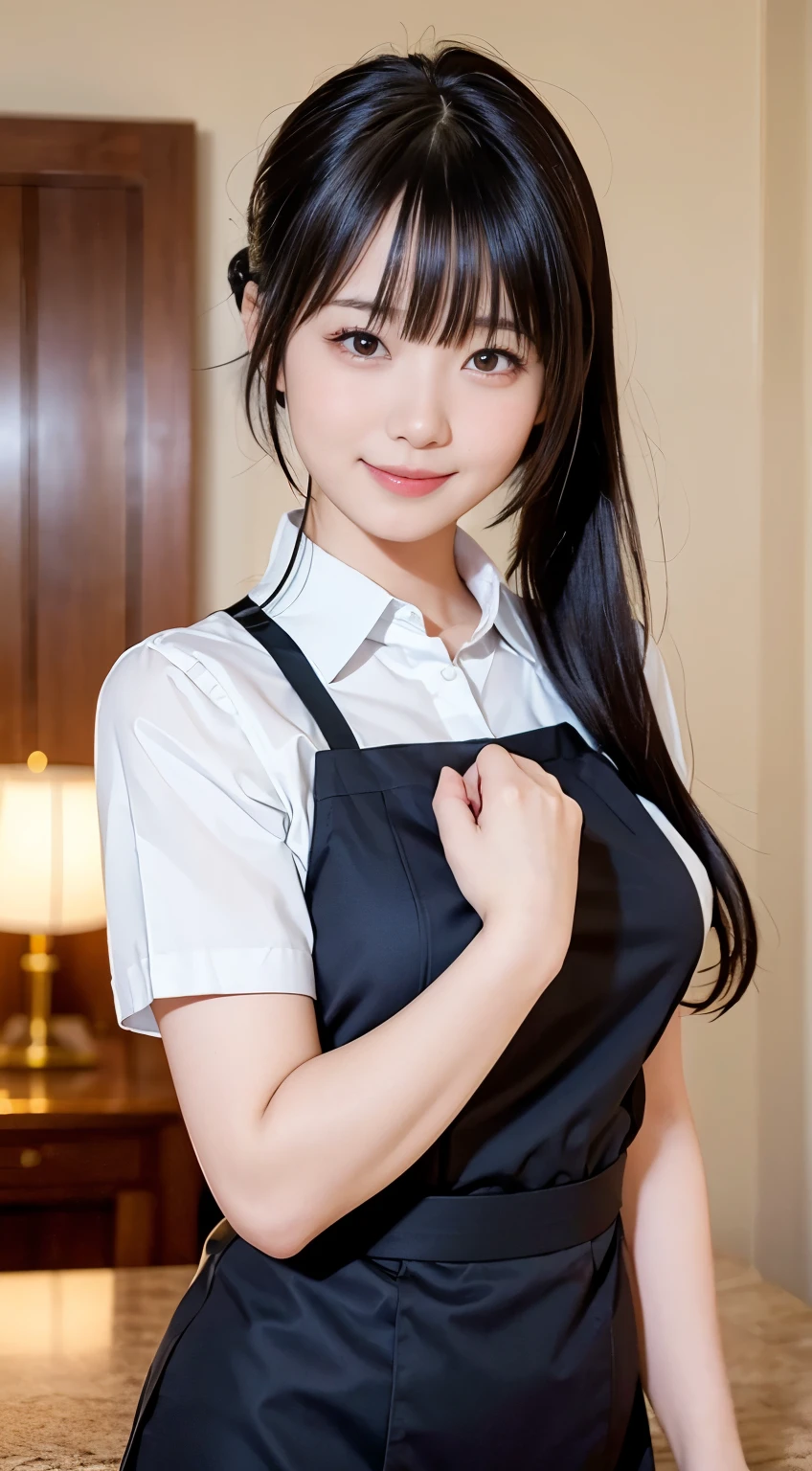 (Highest quality,masterpiece:1.3,Ultra-high resolution,),(Very detailed,Caustics),(Realistic:1.4,RAW shooting,)Ultra-Realistic Capture,Very detailed,High resolution 16K human skin closeup。 Natural skin texture、,pores、、、、It must be detailed enough to be easily identifiable。 Skin tone is even and healthy looking。 Use natural light and color,restaurant,Waitress Uniform,1 person,Japanese,18-year-old,cute,Black-haired,ponytail,Big Breasts,smile,Turn your body forward,(Front view:1.1),Looking into the camera,Cowboy Shot,
