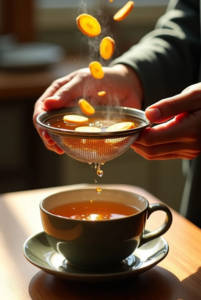 Straining water with sliced ginger pieces through a strainer for a tea but closer, with nothing inside the cup just water
