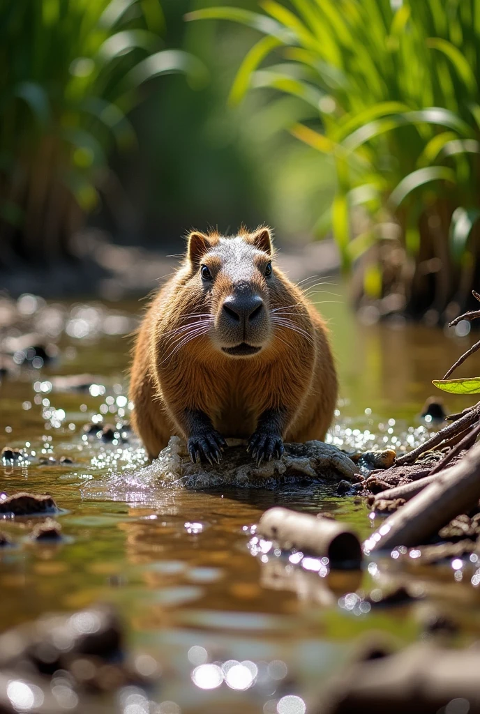 creek with little water full of broken sticks with 1 capybara stuck in it, with a crocodile attacking the capybara and 2 capybara friends helping him, all with expressions of terror