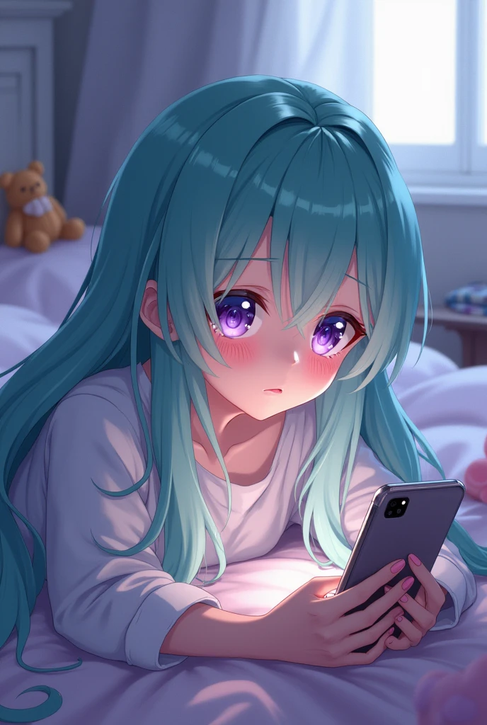 ANIME GIRL LYING DOWN LOOKING AT HER PHONE WHILE CRYING