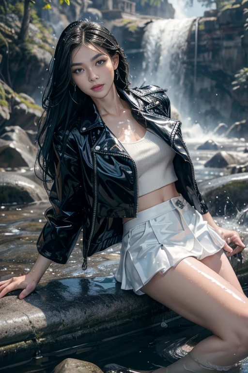 8k, masterpiece, 1 girl 1 boys, beautiful face, very long hair, light makeup, (glossy skin:1.5), detailed eyes, detailed lips, small bust, short jacket, wet white vest, ((white mini skirt)), ((under pants)), ((bare thigh)), straps clothing, (water falling:1.5), steam effect, water vapor, boy with handsome face, short black hair, (glossy skin: 1.5), detailed eyes, green eyes, with jeans pants, black jacket