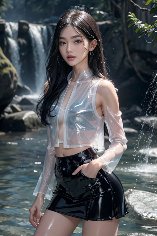 8k, masterpiece, 1 girl 1 boys, beautiful face, very long hair, light makeup, (glossy skin:1.5), detailed eyes, detailed lips, small bust, short jacket, wet white vest, ((white mini skirt)), ((under pants)), ((bare thigh)), straps clothing, (water falling:1.5), steam effect, water vapor, boy with handsome face, short black hair, (glossy skin: 1.5), detailed eyes, green eyes, with jeans pants, black jacket