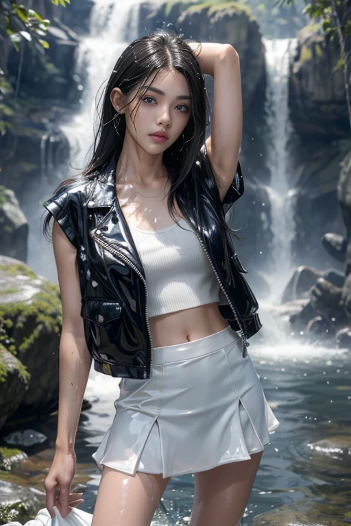 8k, masterpiece, 1 girl 1 boys, beautiful face, very long hair, light makeup, (glossy skin:1.5), detailed eyes, detailed lips, small bust, short jacket, wet white vest, ((white mini skirt)), ((under pants)), ((bare thigh)), straps clothing, (water falling:1.5), steam effect, water vapor, boy with handsome face, short black hair, (glossy skin: 1.5), detailed eyes, green eyes, with jeans pants, black jacket
