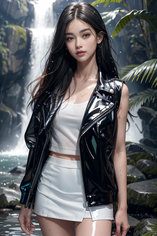 8k, masterpiece, 1 girl 1 boys, beautiful face, very long hair, light makeup, (glossy skin:1.5), detailed eyes, detailed lips, small bust, short jacket, wet white vest, ((white mini skirt)), ((under pants)), ((bare thigh)), straps clothing, (water falling:1.5), steam effect, water vapor, boy with handsome face, short black hair, (glossy skin: 1.5), detailed eyes, green eyes, with jeans pants, black jacket