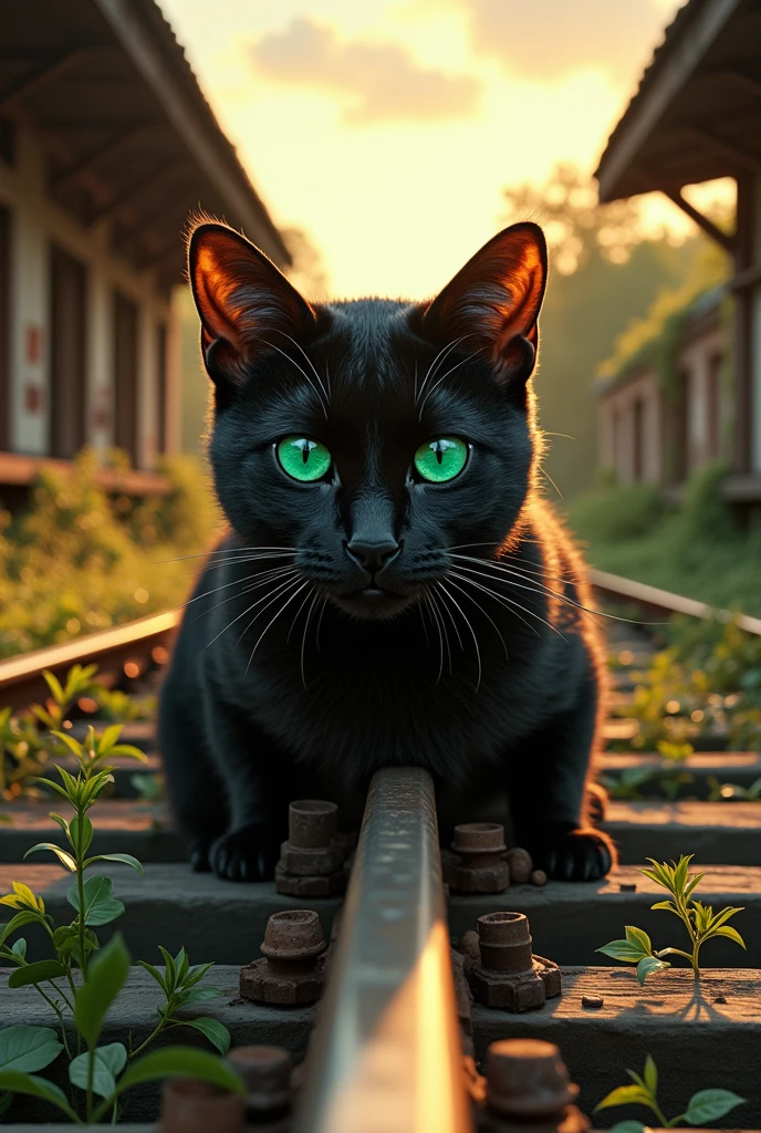 A black cat is swalllowing a railway