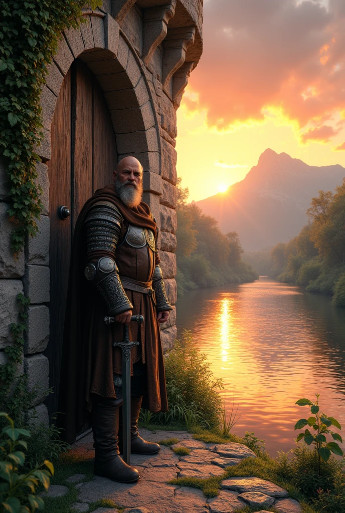 (photorealism:1.2), medieval man next to a big door of a castle over a river