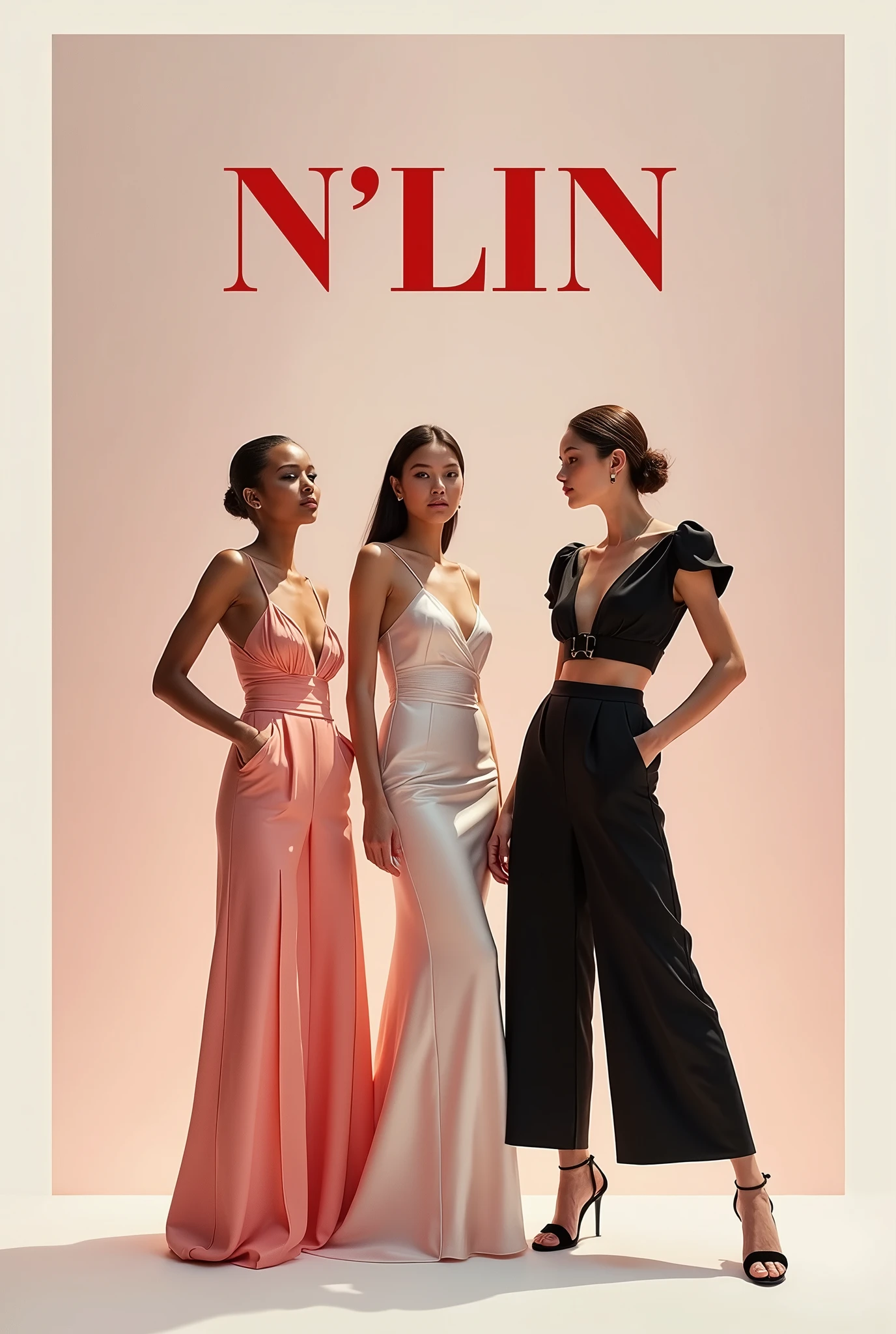 Create a fashion poster for the brand N'Lin, showcasing its chic and trendy style. The poster should appeal to young women aged 25-30, highlighting the brand's focus on fashionable and contemporary designs. Use a sleek and modern aesthetic with high-quality visuals that exude sophistication and style. Incorporate elements like bold typography, elegant models, and a clean layout that reflects the brand's identity as a leader in high-end fashion for young, stylish women. The overall design should convey a sense of exclusivity, confidence, and cutting-edge fashion.

