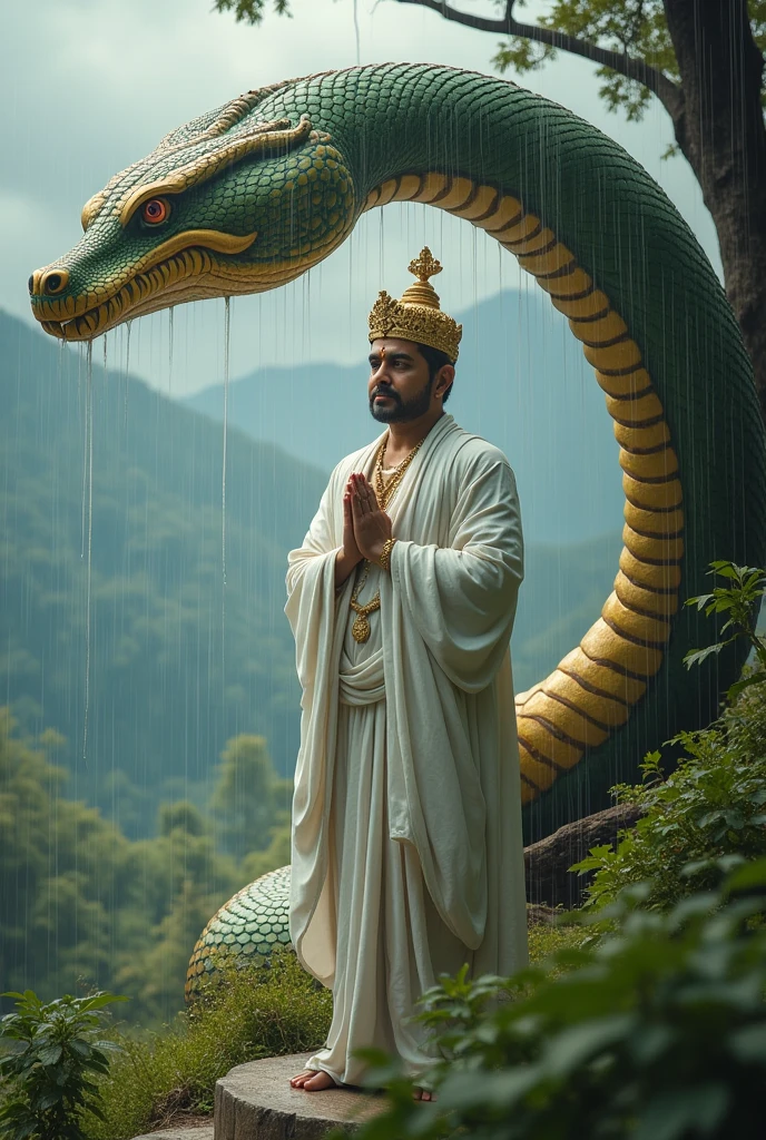 Bhagwan dipankar buddha wearing white dress and a golden crown on this head , a huge serpant is protecting him from rain by covering his head