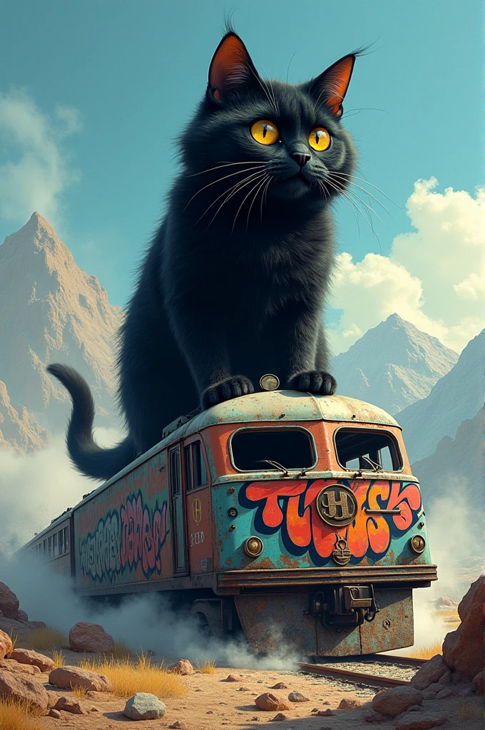 A train is destroyed by a big black cat