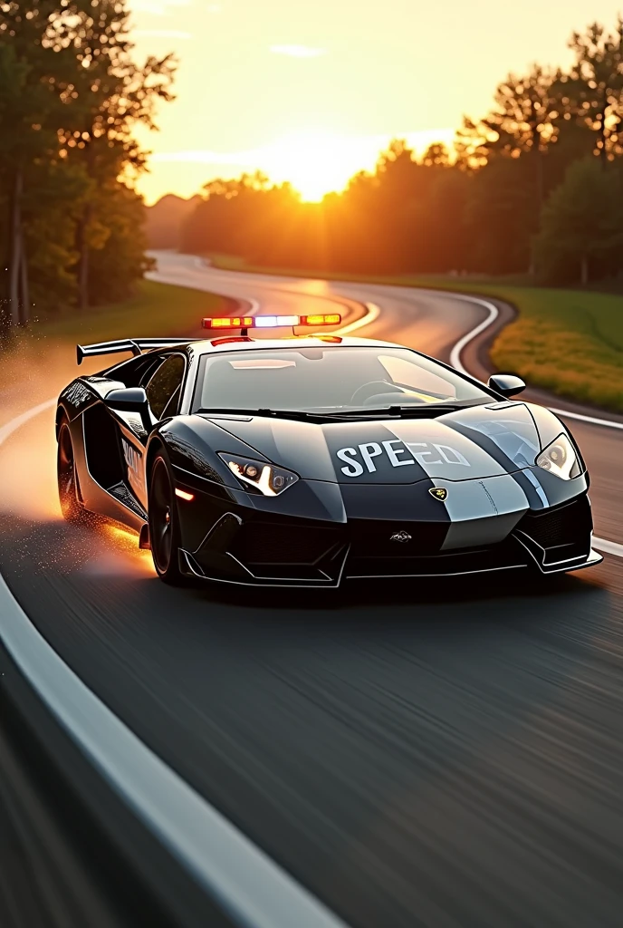 A jaw-dropping cinematic photo of a black and white police sports Lamborghini Aventador, drifting in a high-speed chase. The car's tires emit sparks as it navigates a sharp curve. The name "SPEED" is boldly emblazoned on the side of the car, adding a touch of excitement to the scene. In the background, a winding road stretches into the distance, flanked by vibrant green trees and a golden sunset. The overall atmosphere of the photo is one of high-octane action and intense speed., photo, cinematic, vibrant