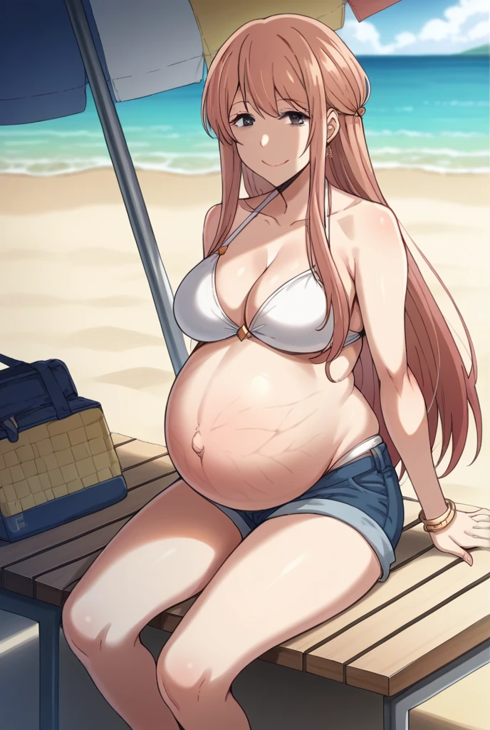 score_9, score_8_up, score_7_up, source_anime,
akaneminagawa, akane minagawa, long hair, bangs, brown hair, brown eyes, Big breasts,
Bikini, shorts, Heels, big belly, large belly, Beach, background, rubing belly, smile,
looking at viewer, cowboy shot, solo, pregnant, possing, Sitting, Stretch marks, belly button, earrings, uñas negras