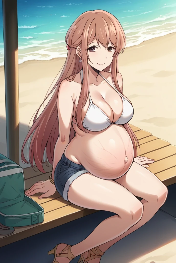 score_9, score_8_up, score_7_up, source_anime,
akaneminagawa, akane minagawa, long hair, bangs, brown hair, brown eyes, Big breasts,
Bikini, shorts, Heels, big belly, large belly, Beach, background, rubing belly, smile,
looking at viewer, cowboy shot, solo, pregnant, possing, Sitting, Stretch marks, belly button, earrings, uñas negras