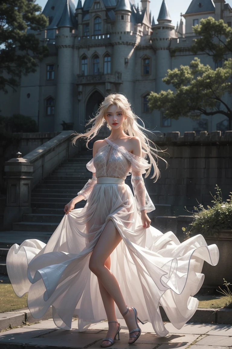 (highest quality, High resolution, masterpiece :1.3), 25 year old white woman、platinum blonde、blue eyeedium long hair、my hair is wavy、smile、Slender but well-proportioned muscular body、I&#39;m wearing earrings、I'm wearing a necklace、Wear accessories on your wrists and ankles、I&#39;m wearing a ring、I don&#39;t want my head to disappear from the screen.、Wearing red nail polish、I have a peticure、smile、wearing high heels、wearing a lace choker、wearing a mermaid dress、I am in a garden with an arch full of roses.、The arch is covered with roses、The blue sky is spreading behind the art、low angle camera angle、many white doves fly、smile