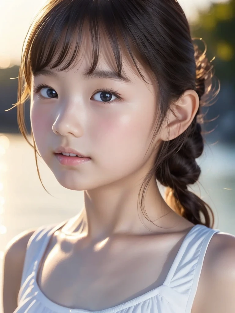 Masterpiece, 8K, 10 years old, adorable, very pretty, adolescent, seaside,  japanese girl, (portrait, close-up:1.2),exposed forehead, scrunchie,( cheek,glossy lips:1),frilled bikini,  looking at viewer, juvenile physique ,sweaty, (baby face),   (suggestive, smile:0.7), (pale skin:1), (from side), sunset,  catch_light, charm of adolescent,