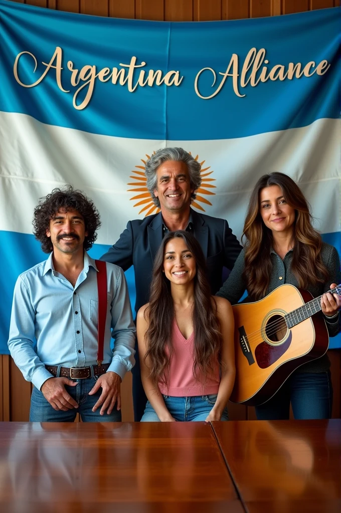 Make the background with the Argentine flag and put it on the table, maradona , The Thunder Singer , to the singer Gustavo Cerati , to the singer Nicki Nicole, to the other singer tini all together and in the center say Argentine Alliance