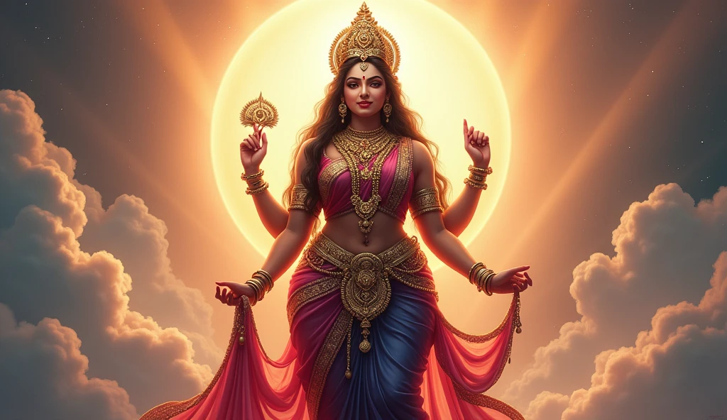 Create a full-body 4K image of Goddess Durga with a voluptuous figure with graceful curves, depicted from head to toe. She is adorned with traditional Indian ornaments, including a crown, necklaces, bangles, and anklets. She is wearing a beautifully draped saree in rich colors with intricate patterns. The setting should reflect her divine and powerful presence, with a soft glow around her and a background that complements her traditional attire.