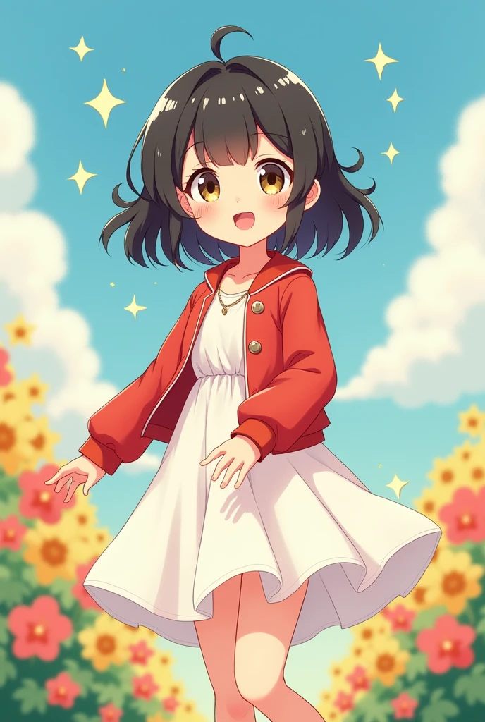 Cartoon of a thin girl,black hair not so long but not so short white dress and red jacket brown and tea eyes brunette smiling 