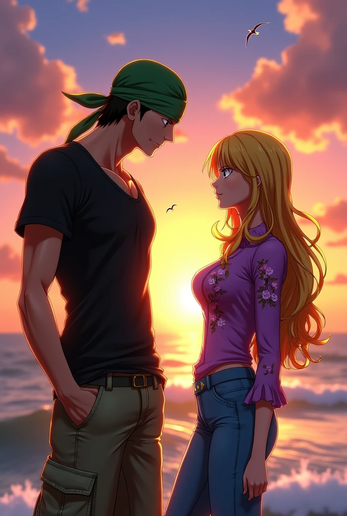 Zoro and robin couple pic from one piece anime. Make it like real add details add clothes. Make Robin like one piece robin. No that's not it. Make it realistic