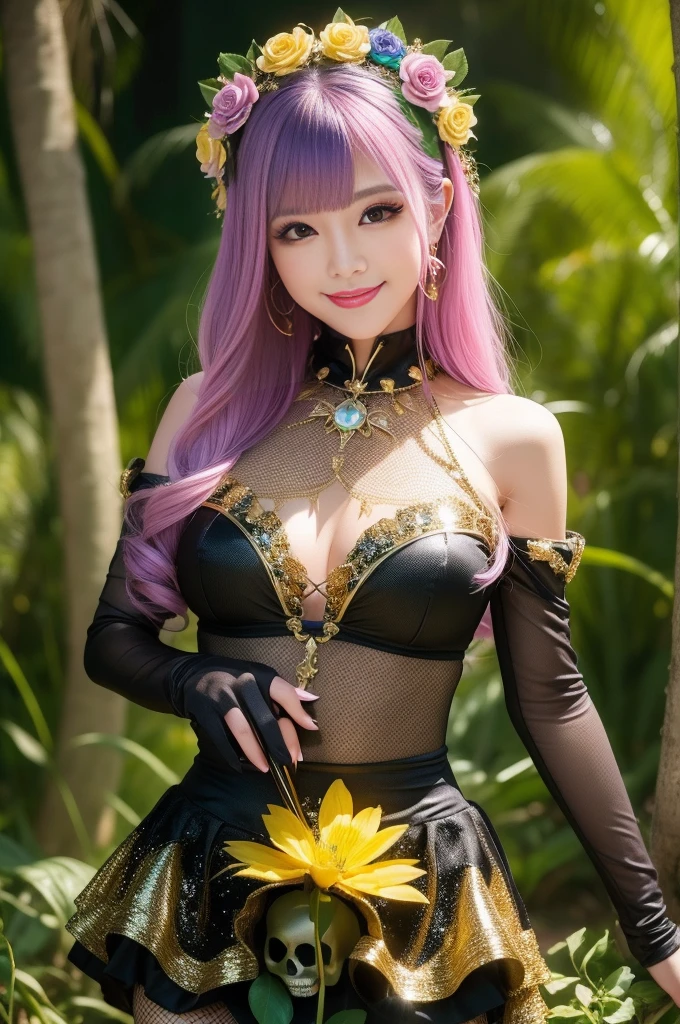 sexy golden princess who controls poison、beautiful smile、lipgloss、long lashes、intense makeup、look at the camera、full body Esbian、、sparkling poisoned flower costume、、、、shiny sparkling multicolor hair、secrete poison、skull hair accessories、fishnet tights、shiny sparkling dark magic forest background