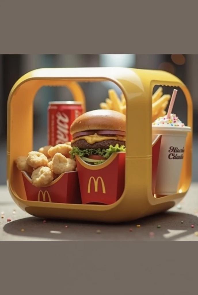 Créer moi une marque de nourriture qui s'appelle : Smart-food, ils servent leurs clients de la nourriture dans des conteneurs rectangulaire ou carré, transparent en plastique, avec des bords arrondis et une poignée très très prononcé au dessus de la boite, a l'intérieur de cette boite, se trouve de plus petites boites individuelles, chacune de ces petites boites contiennent : 1 Burger, des frites, des nuggets, 1 Coca-Cola et un McFlurry, chaqun de ces aliments doivent au moins etre present sur l'image, et doit etre visible, 